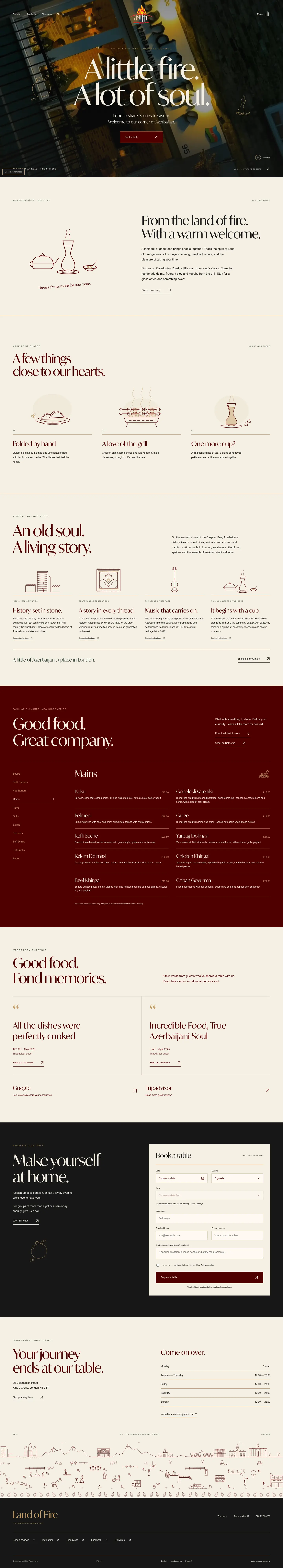 The full redesigned Land of Fire homepage on desktop: restaurant film, welcome, dishes made to share, Azerbaijani heritage, tabbed menu, reviews, booking form, directions and illustrated footer