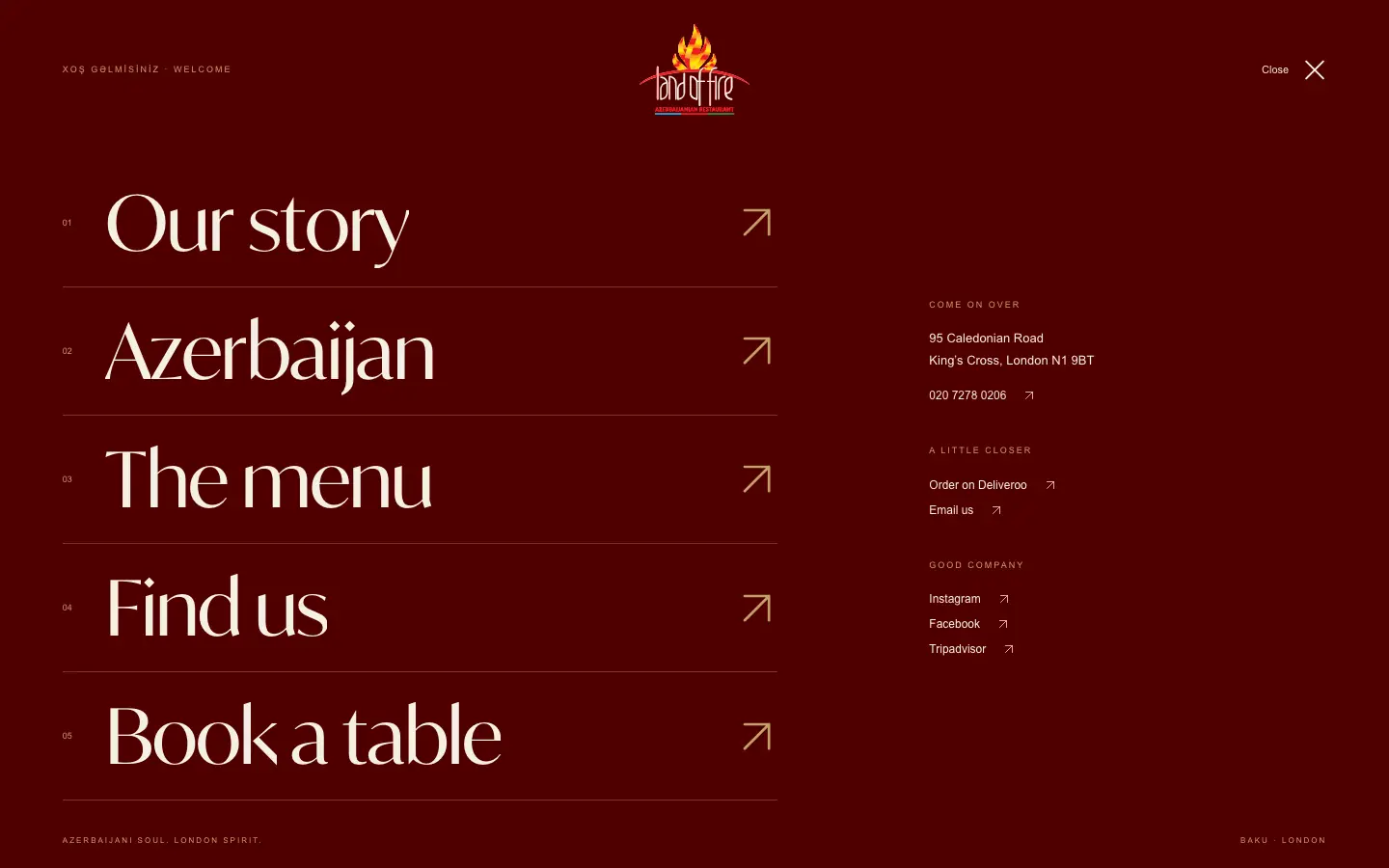 Redesigned navigation: a full-screen burgundy overlay with five large numbered links (Our story, Azerbaijan, The menu, Find us, Book a table) beside address, phone and social links