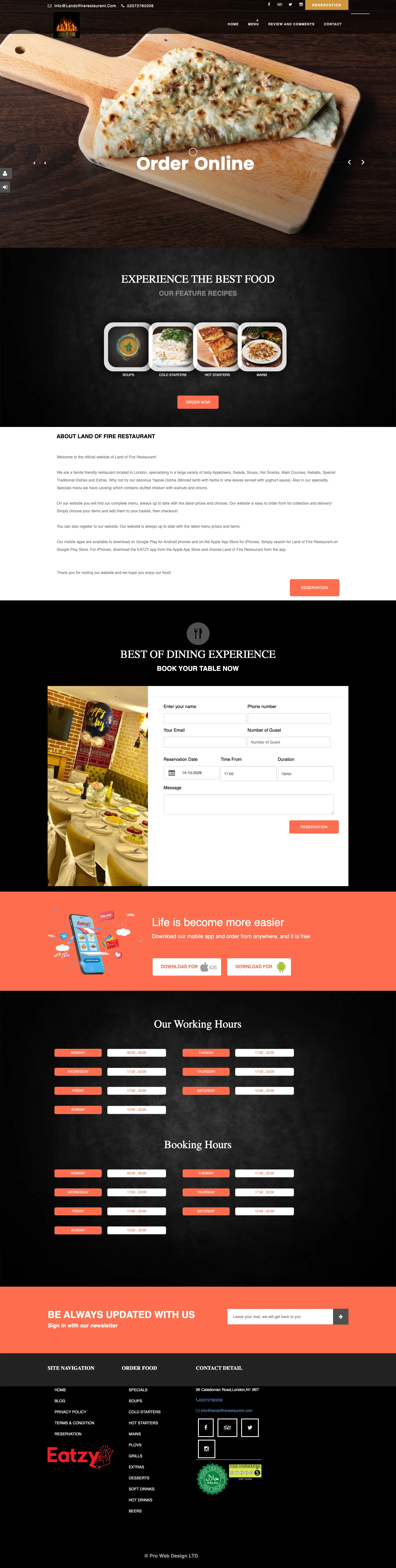 The full original Land of Fire homepage on desktop: photo slider, category tiles, a long About paragraph, booking form, app promotion, two identical hours tables, newsletter and footer
