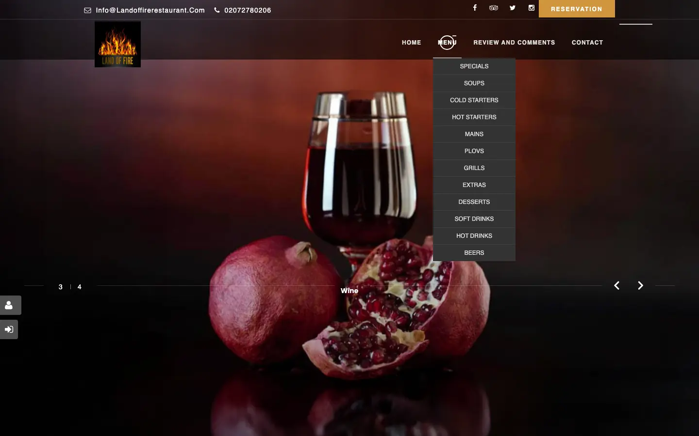 Original desktop navigation: contact bar, social icons, Reservation button and a Menu dropdown listing 12 food categories